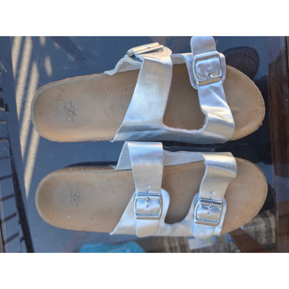 Silver Metallic Double Strap Buckle Slide Sandals Cork Footbed Size L